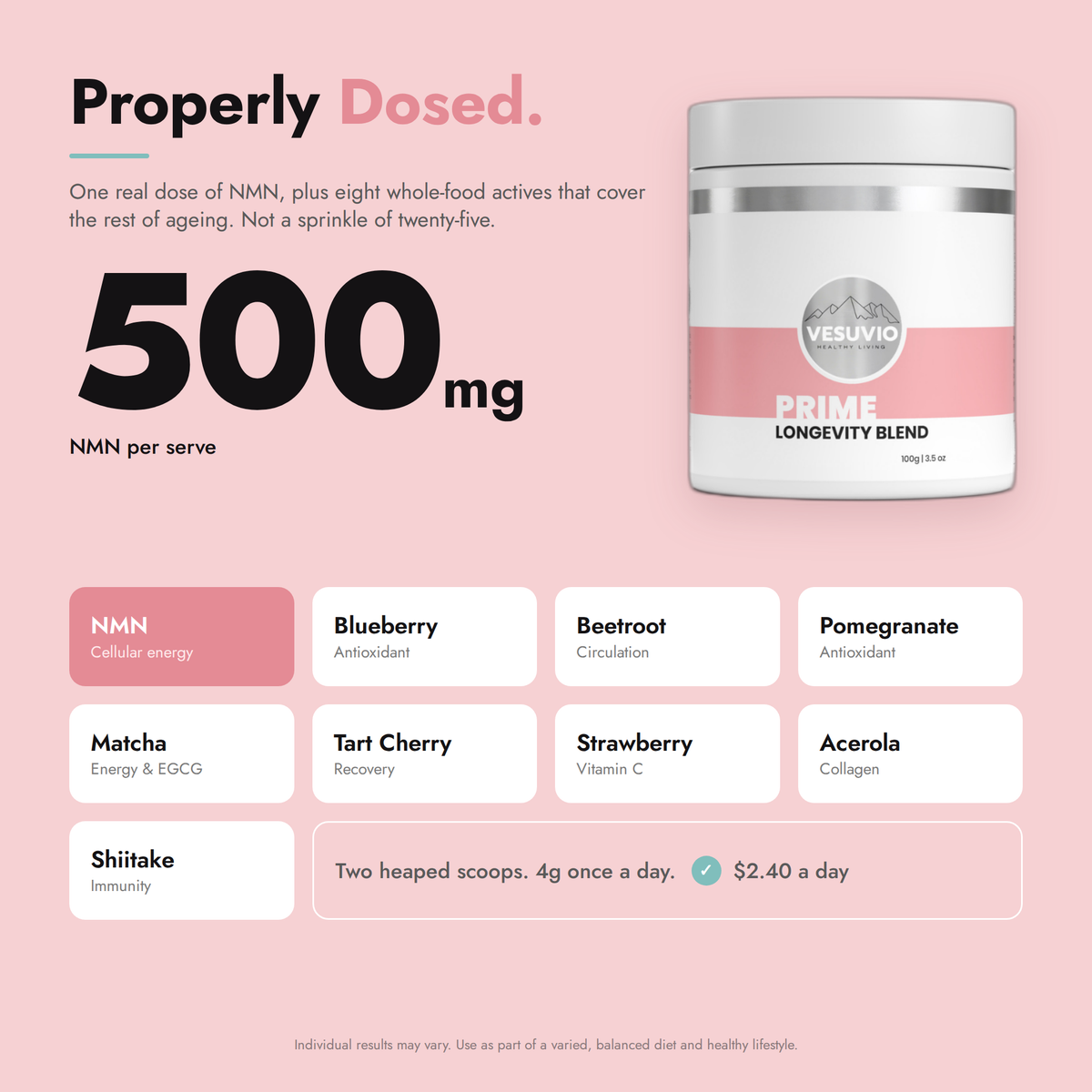 Vesuvio Prime Longevity Blend supplement in a 100g package, shown with properly dosed serving on a clean white background.