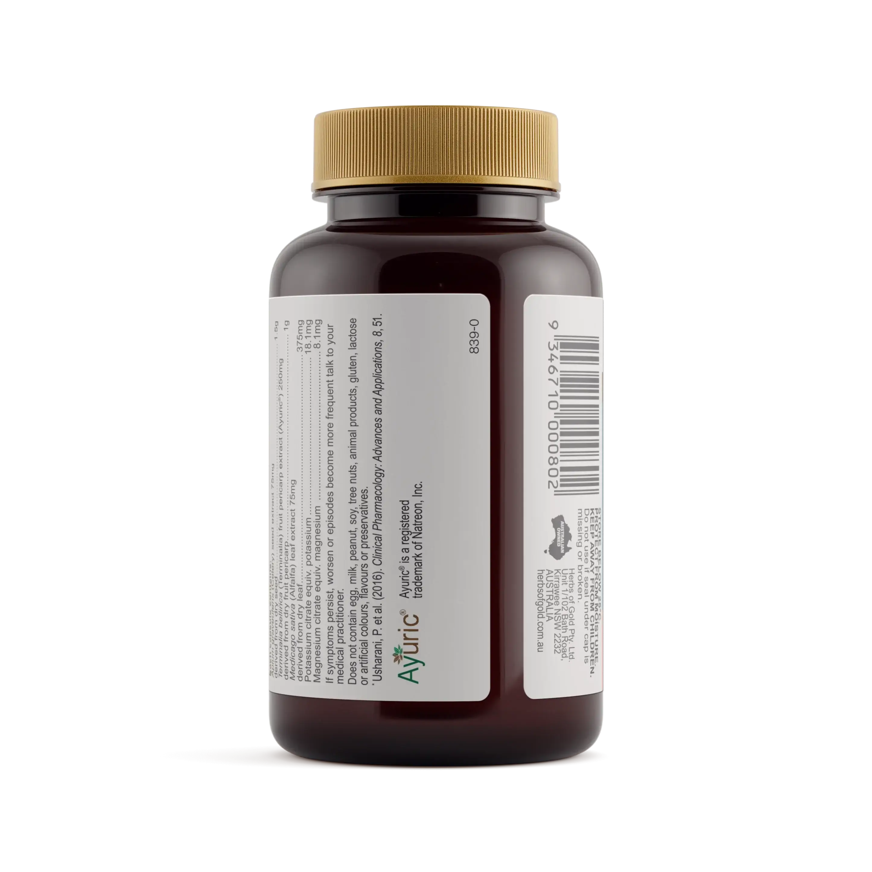 Herbs of Gold Gout Relief Complex supplement bottle with detailed label ingredients and dosage instructions.