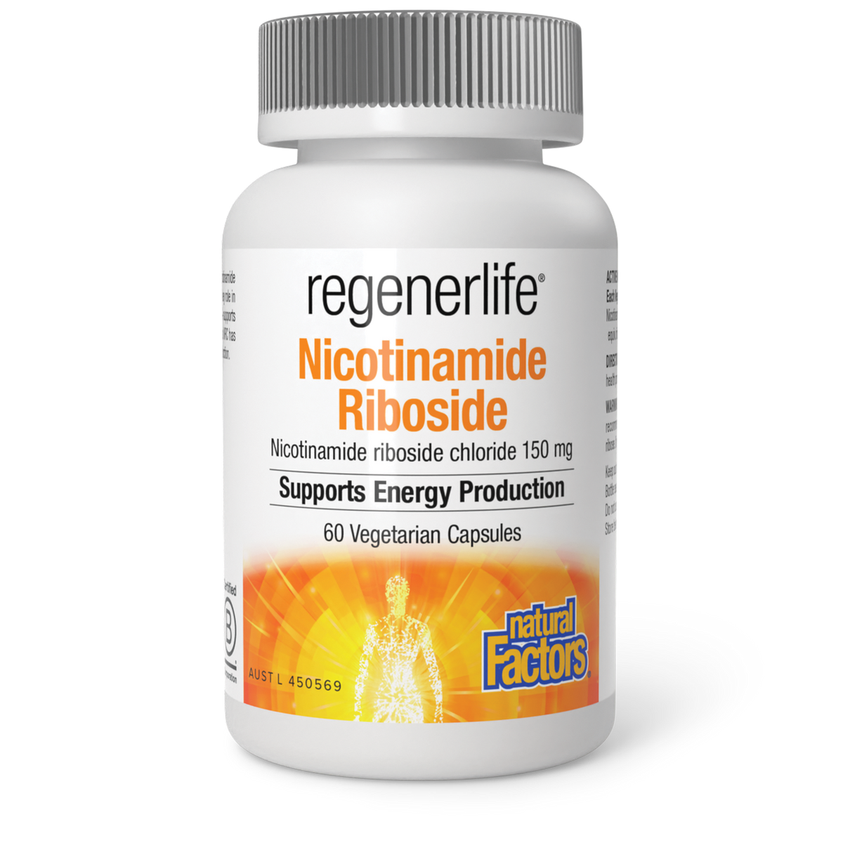 Natural Factors Nicotinamide Riboside NAD+ supplement bottle showing label with product name and dosage of 150mg.