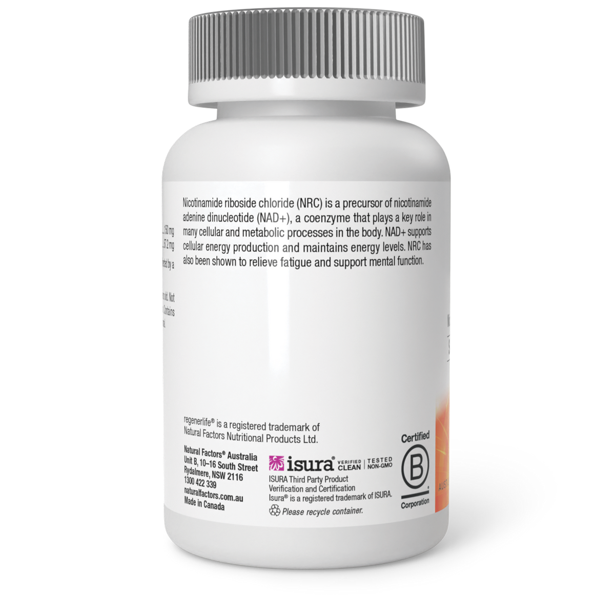 Natural Factors Nicotinamide Riboside NAD+ supplement bottle with label showing 150mg dosage and product details.
