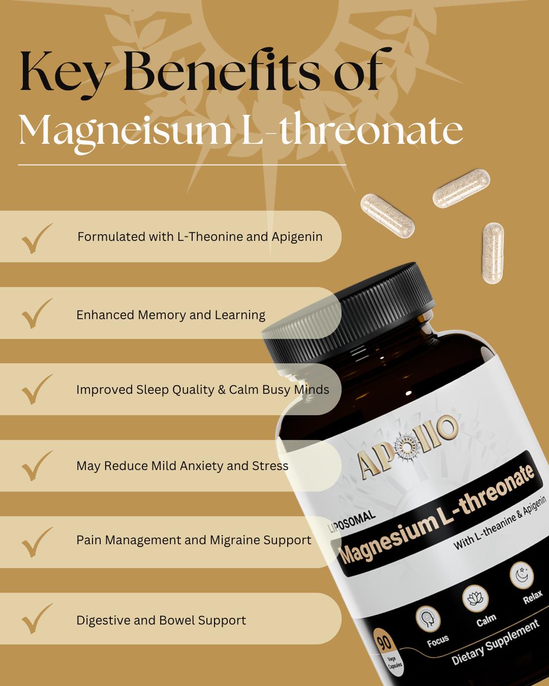 Apollo Nutraceuticals Liposomal Magnesium L-Threonate capsules for supporting brain and nerve health.