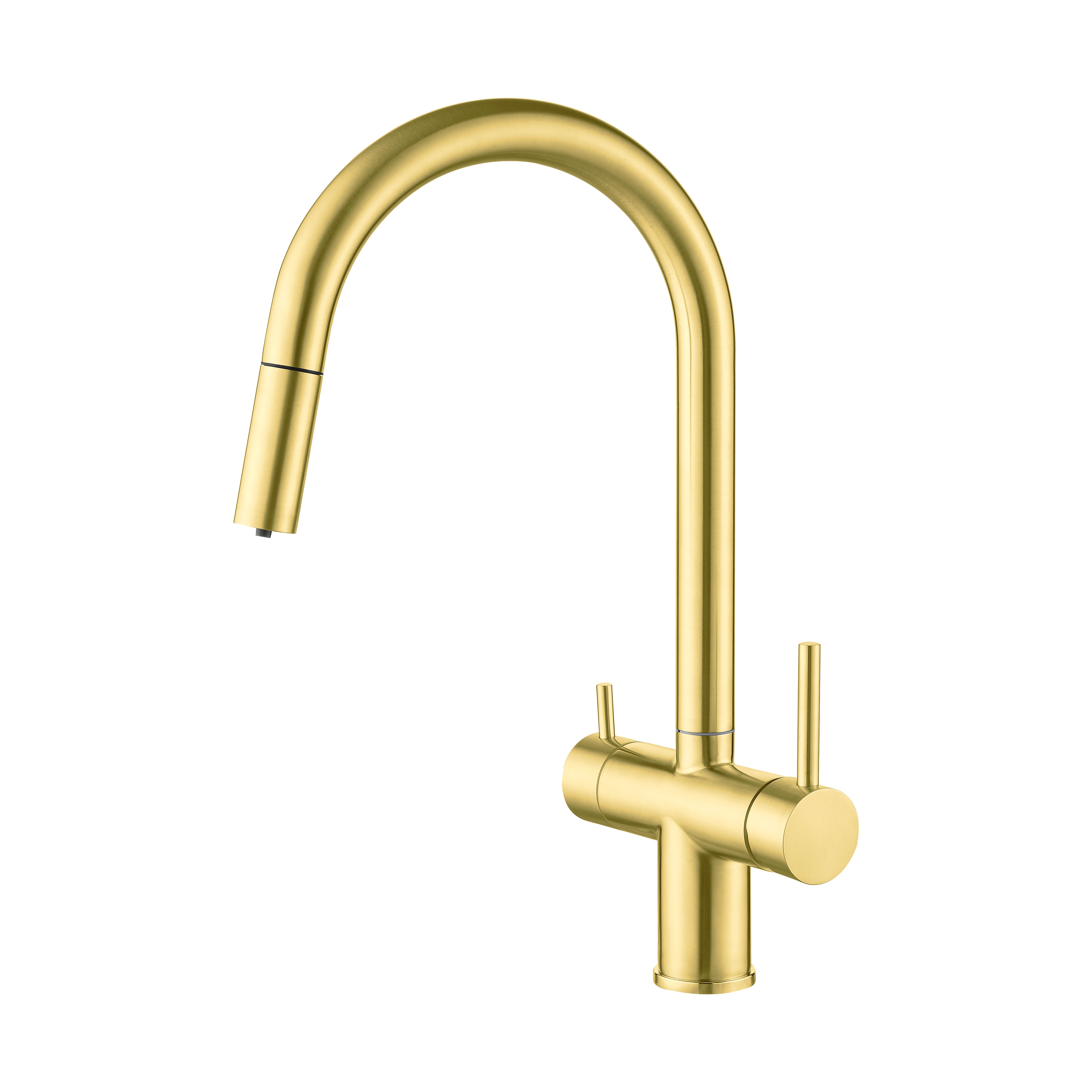Aquarius Water 3-way mixer tap with nickel finish, umbrella style, 360° rotation, and pull-out spout for versatile kitchen use.