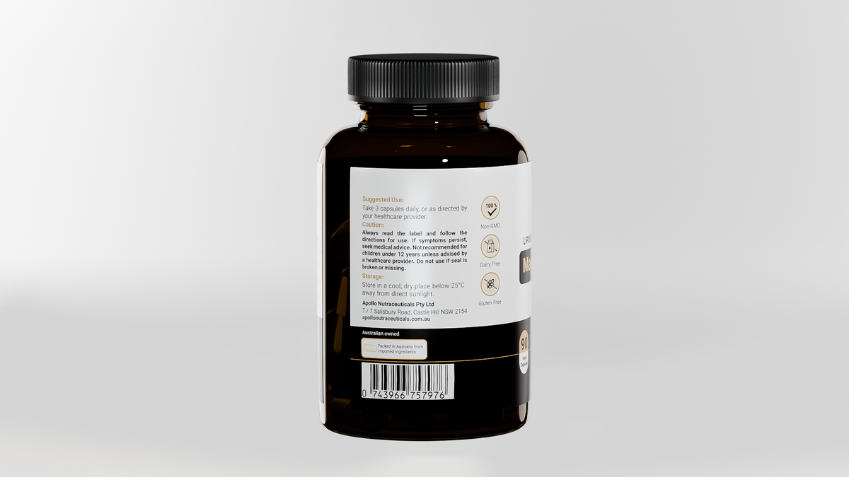Apollo Nutraceuticals Liposomal Magnesium L-Threonate capsules, dietary supplement for cognitive support and magnesium intake.