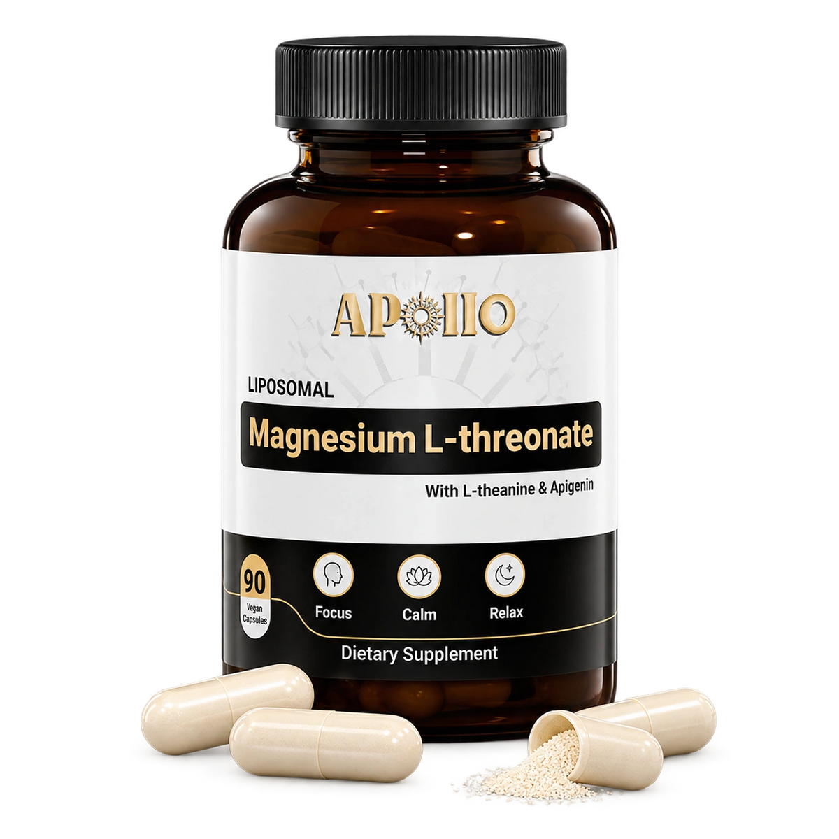 Apollo Nutraceuticals Liposomal Magnesium L-Threonate capsules for enhanced brain health and magnesium supplementation.
