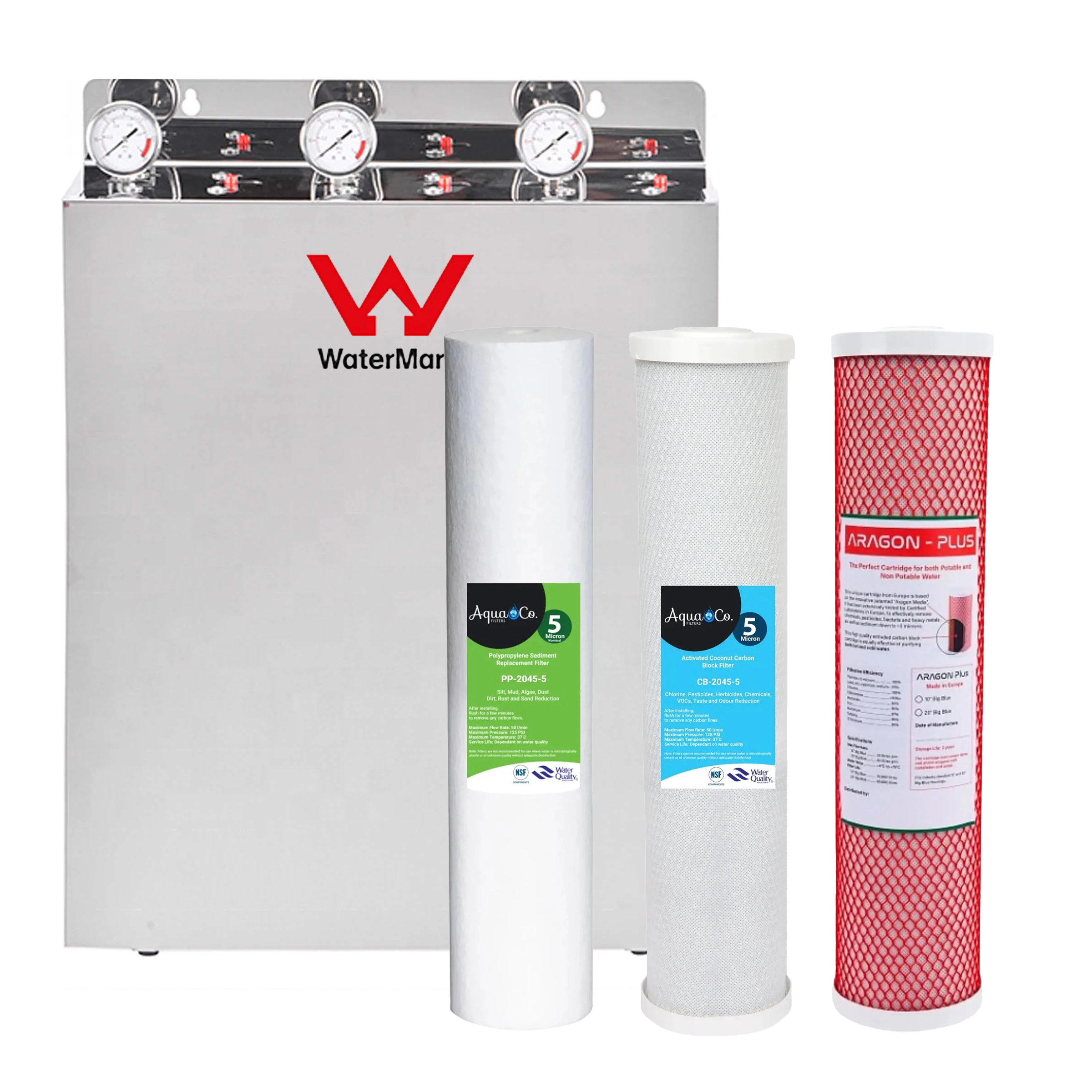 Aquarius Whole House Triple System with stainless steel cover, 20" x 4.5", for comprehensive water filtration and purification.