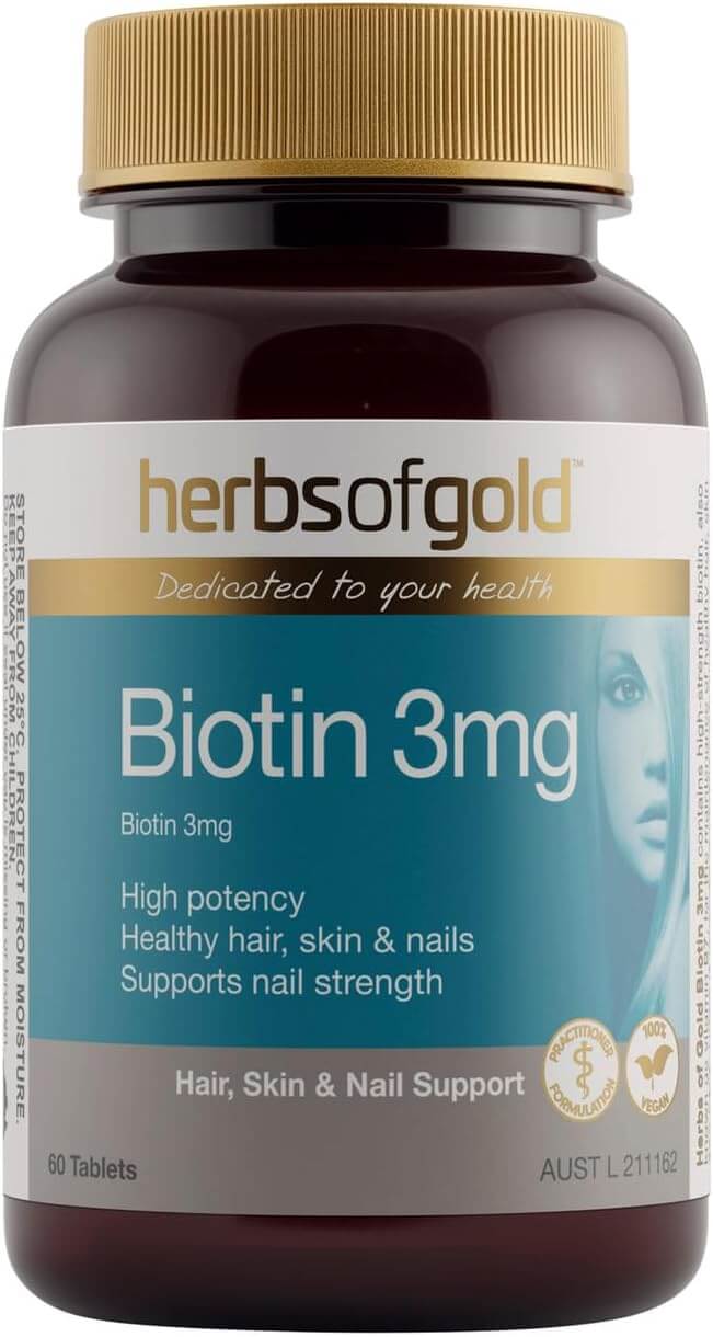 Herbs of Gold Biotin 3mg tablets for healthy hair, skin & nails, supports nail strength, 60 count bottle.