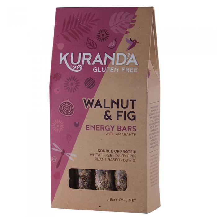 Kuranda Wholefoods gluten-free energy snack bars with walnut and fig, 35g each, in a 5-pack.