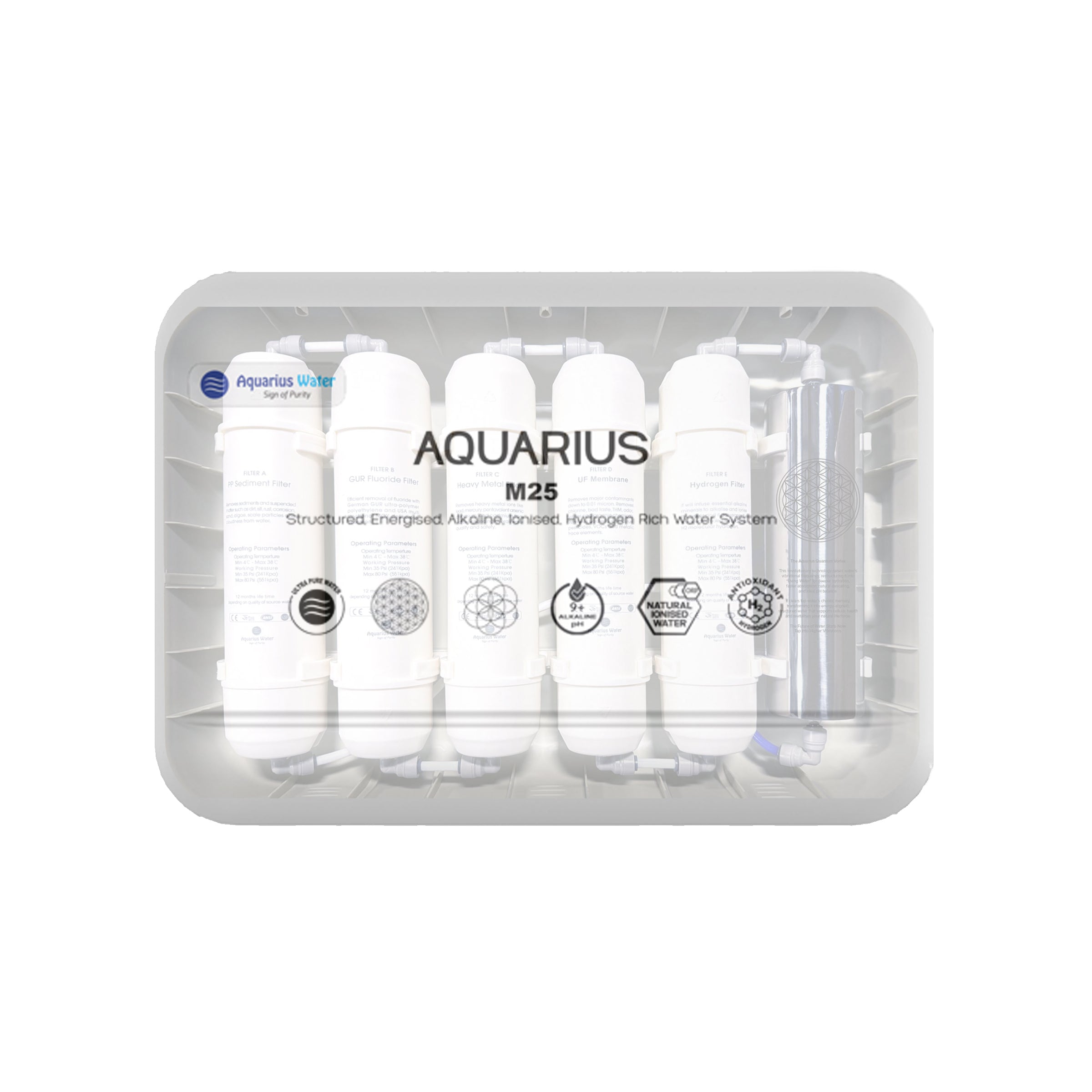 Aquarius M25 Hydration System with clear see-through reservoir and attached 3-way tap for convenient water dispensing.