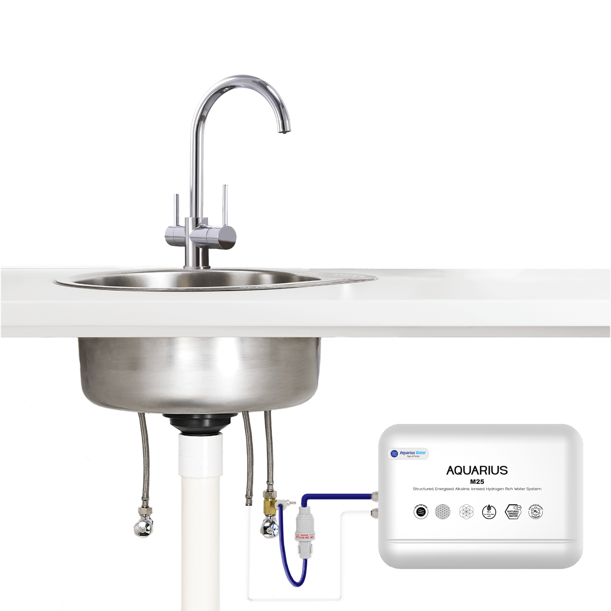 Aquarius M25 hydration system with 3-way tap, under-sink water connection and mixer for efficient water dispensing.