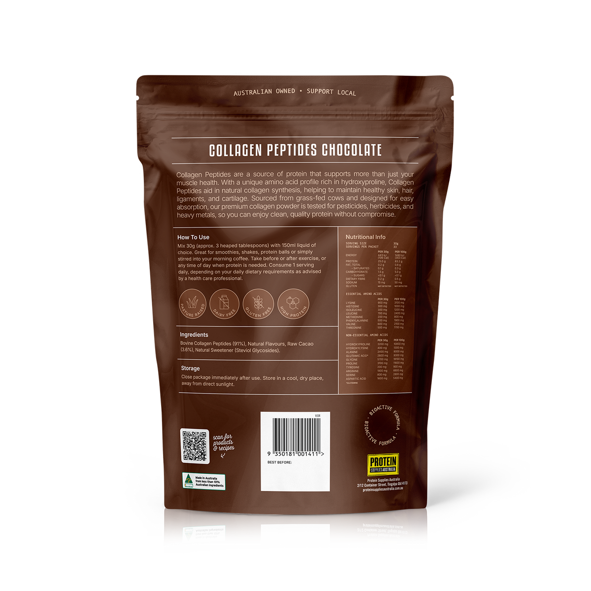 PSA Collagen Peptides Chocolate back of pouch nutrition panel