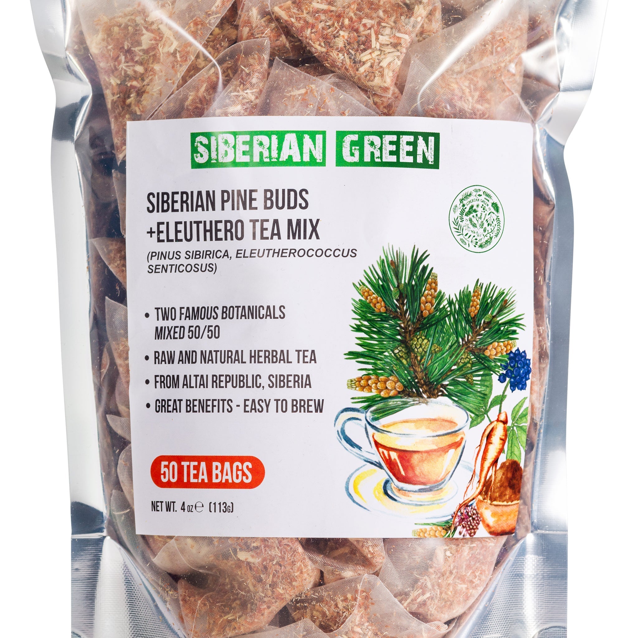 Siberian Eleuthero Root and Pine Buds Tea pouch and brewed tea
