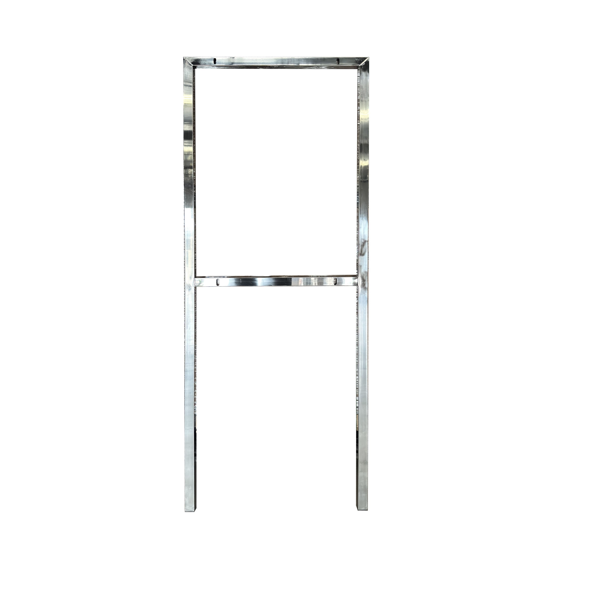 Stainless steel whole house installation frame by Aquarius Wellness, shown assembled for secure home water system setup.