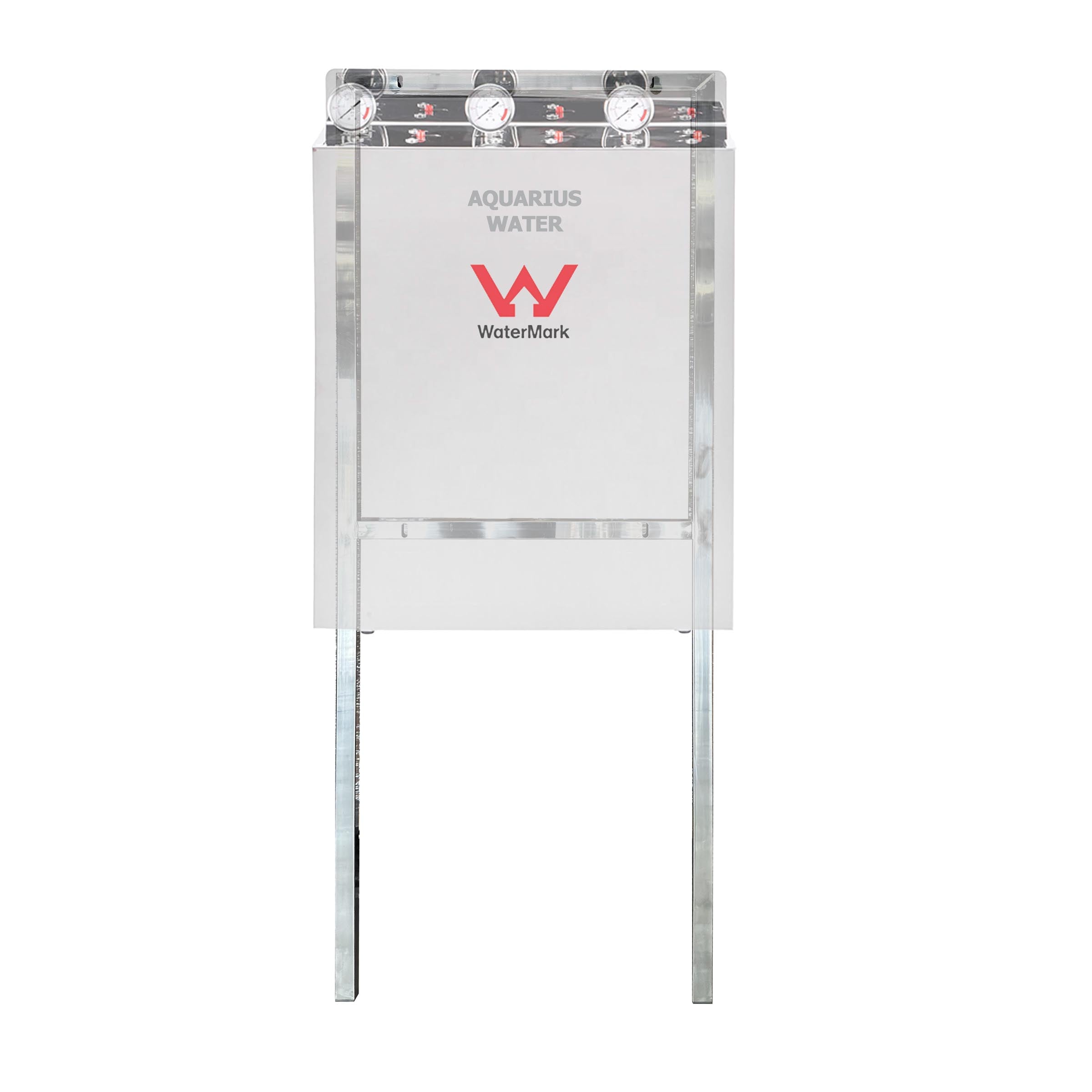 Stainless steel whole house install frame by Aquarius Wellness, showing sturdy metal construction for residential plumbing setup.