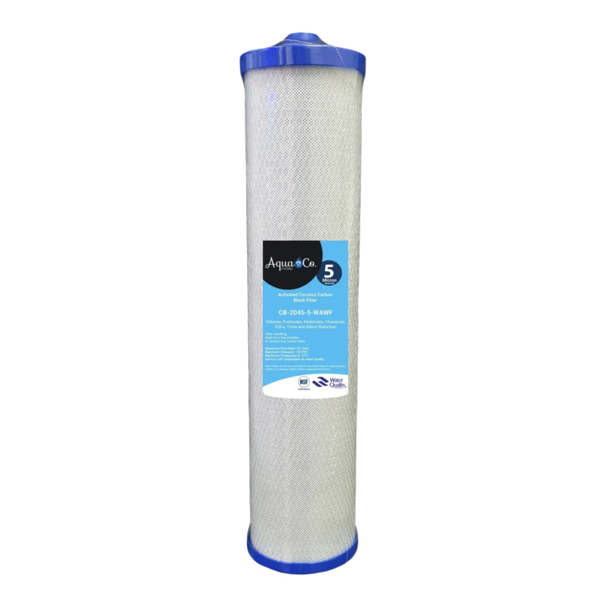 AquaCo 5 Micron Carbon Block Filter for 20" x 4.5" water filtration system, replacement filter by AquaCo.