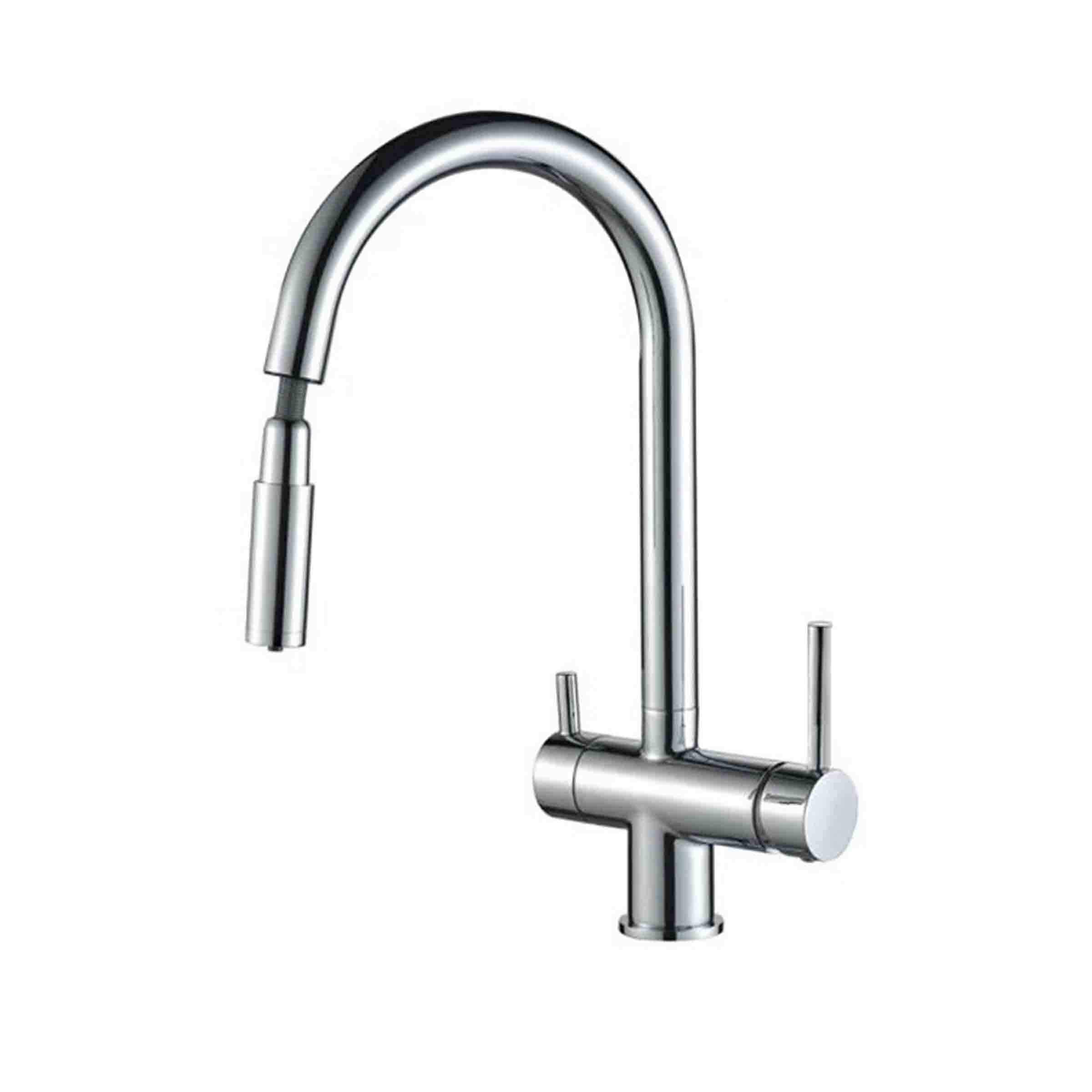 Aquarius Water 3-way mixer tap with nickel finish, umbrella style, 360° rotation, and pull-out spout for versatile kitchen use.