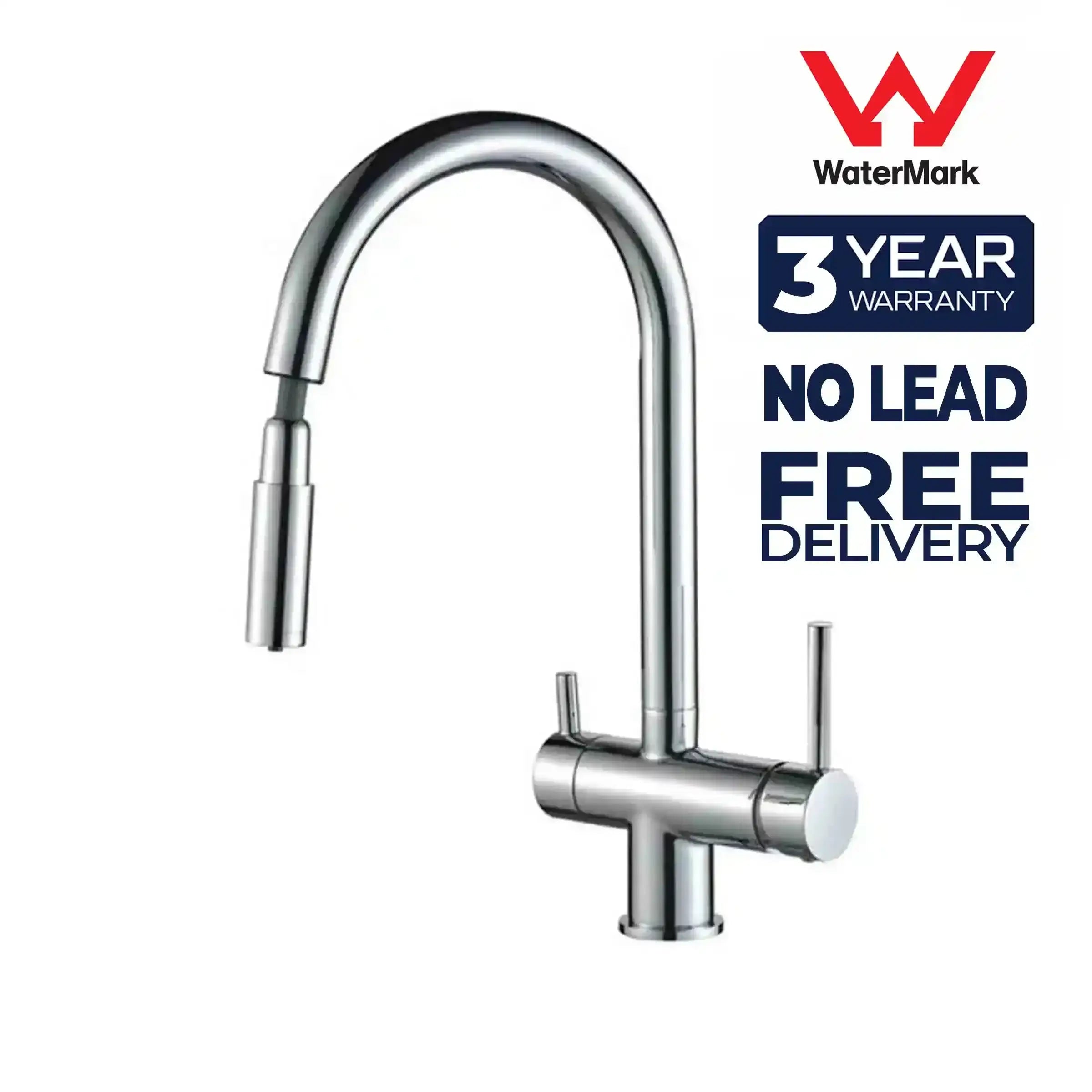 Aquarius Water 3-way mixer tap in nickel with umbrella style design, 360° rotation, and pull-out spout for versatile kitchen use.