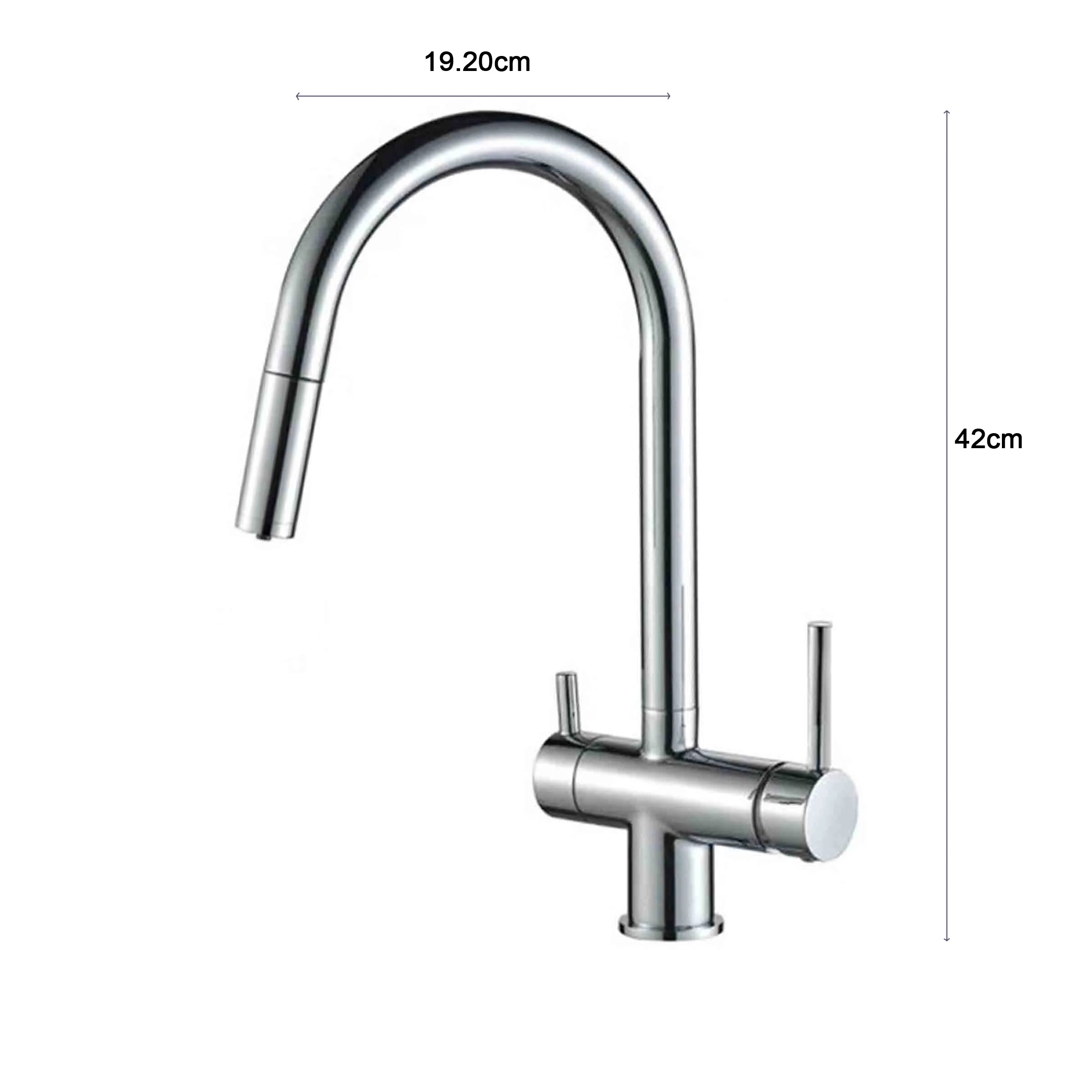 Aquarius Water 3-way mixer tap with nickel finish, umbrella style, 360° rotation, and pull-out spout for versatile kitchen use.