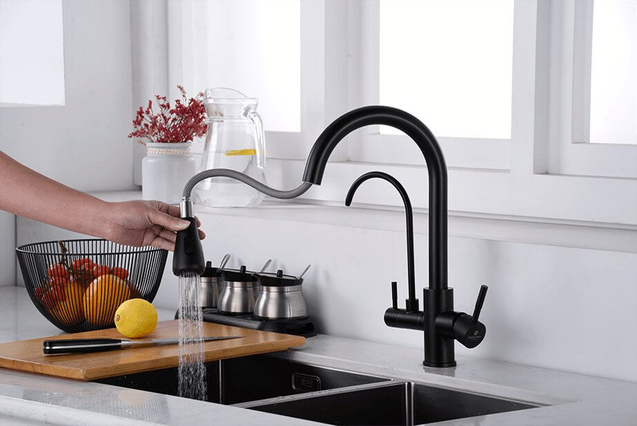 3 Way Mixer Tap with Dual Spout & Pull Out Spray Black - Alkaline World
