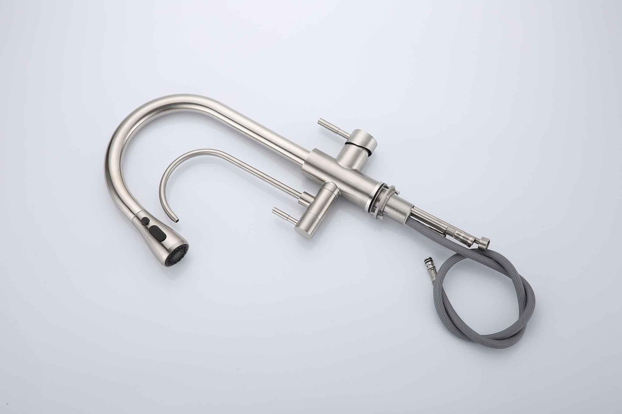 3 Way Mixer Tap with Dual Spout & Pull Out Spray Nickel - Alkaline World