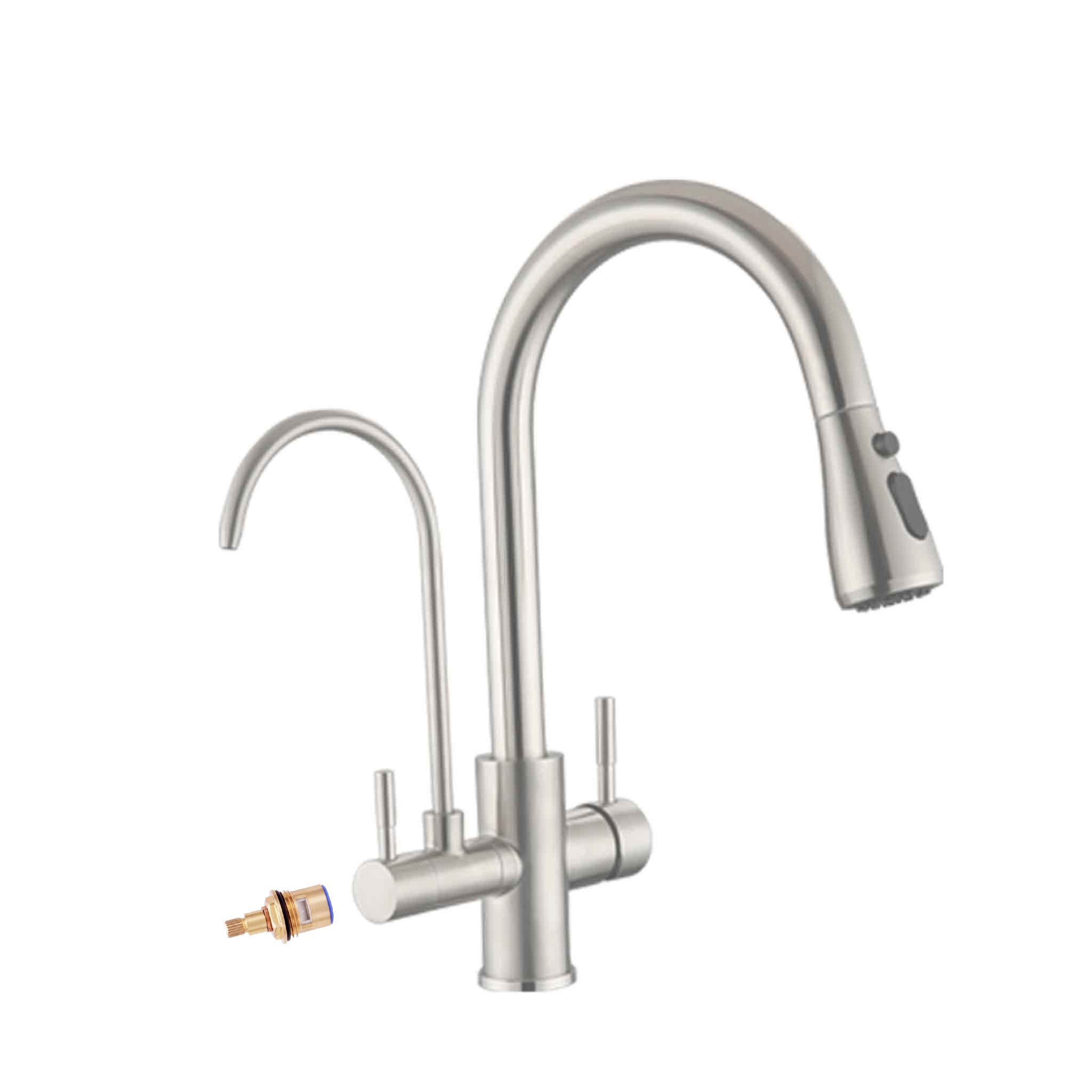 Replacement cartridge for Aquarius Wellness 3-way mixer tap with pullout spout, showing the internal valve mechanism.