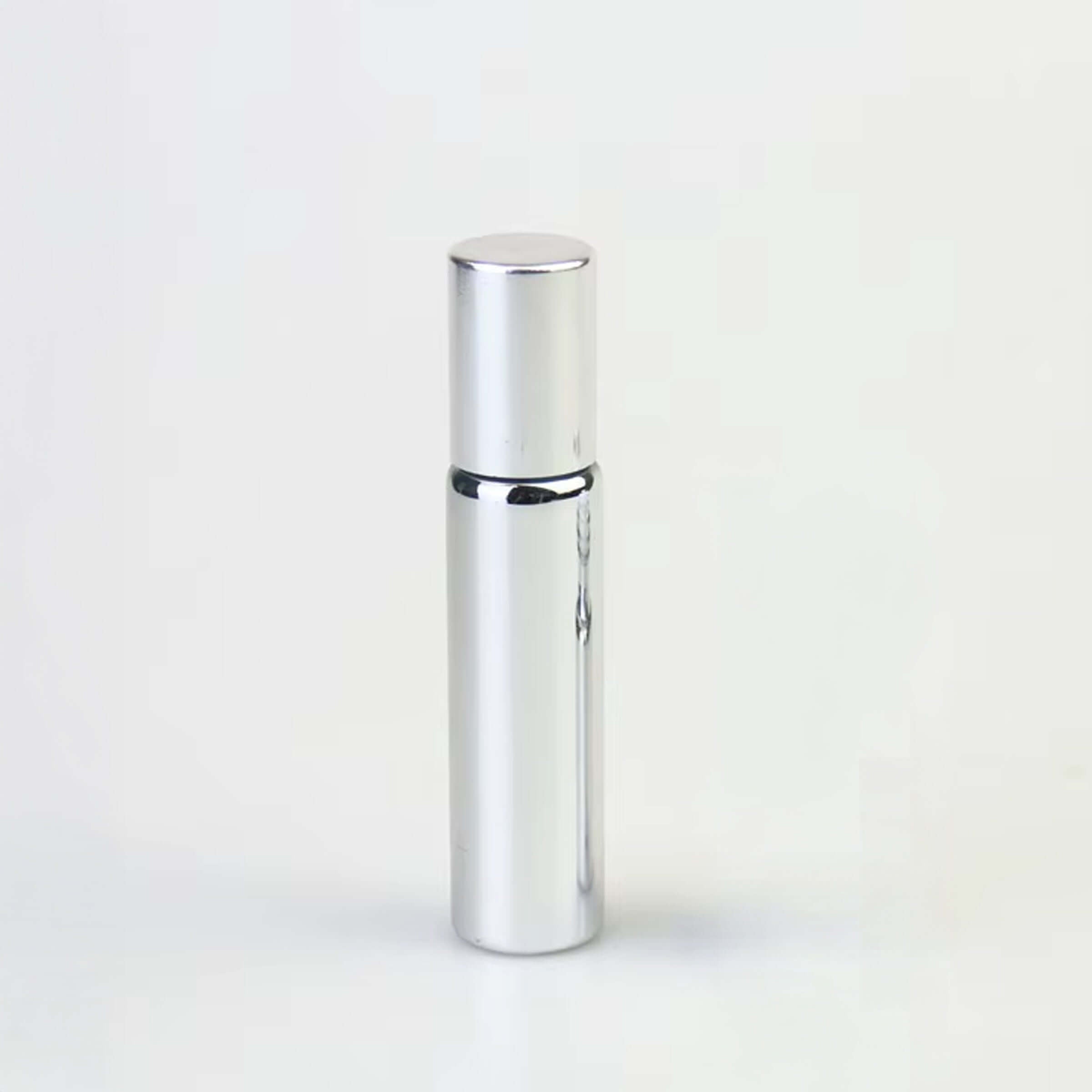 10ml silver roller bottle from Aquarius Wellness, featuring a sleek stainless steel design for essential oil or perfume application.