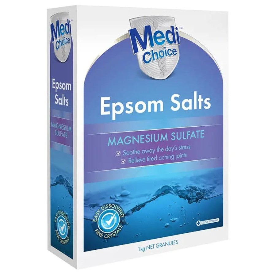 MediChoice Medichoice Epsom Salts 1kg bag, natural mineral bath salts with Epsom crystals for relaxation and muscle relief.