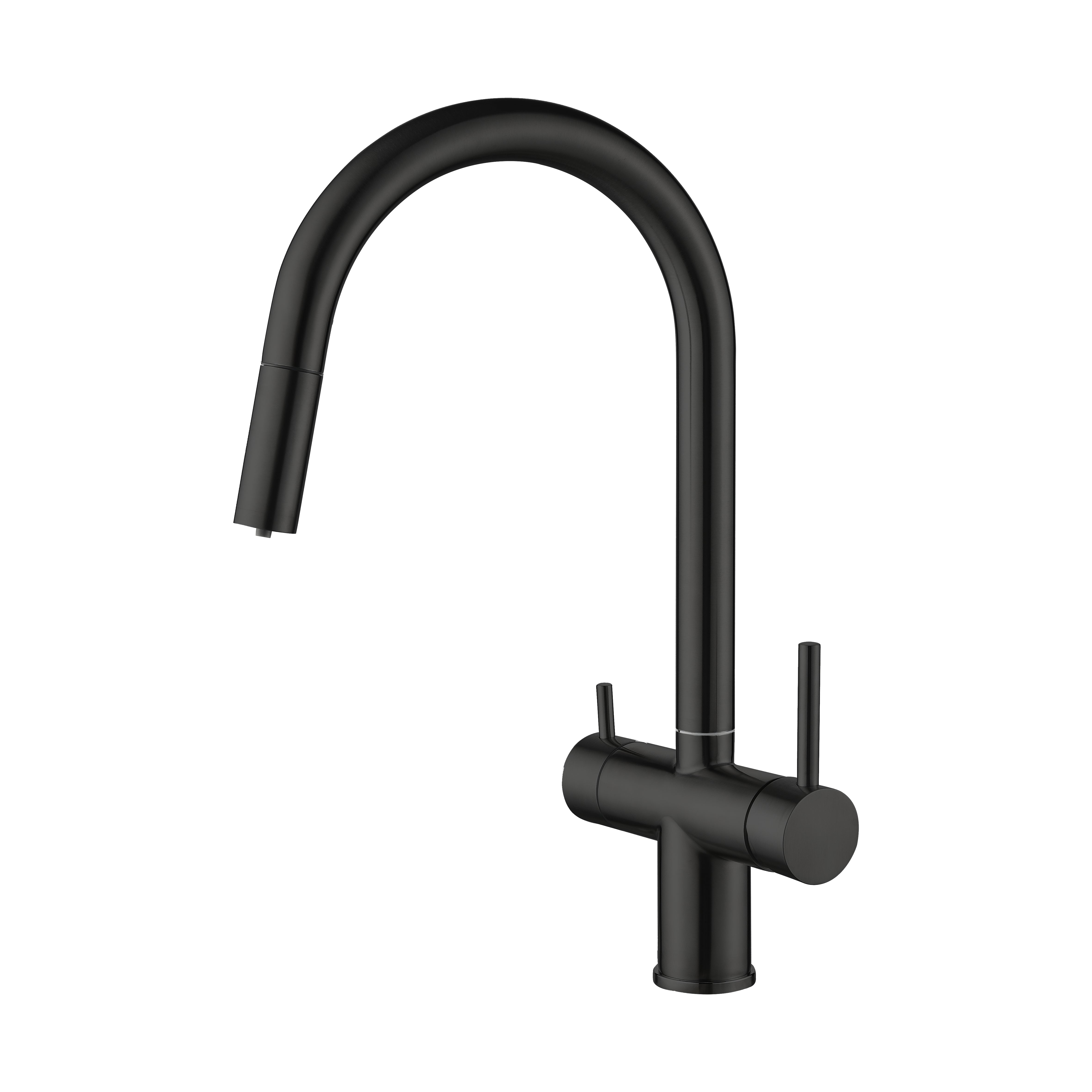 Aquarius Water 3-way mixer tap with nickel finish, umbrella style, 360° rotation, and pull-out spout for versatile kitchen use