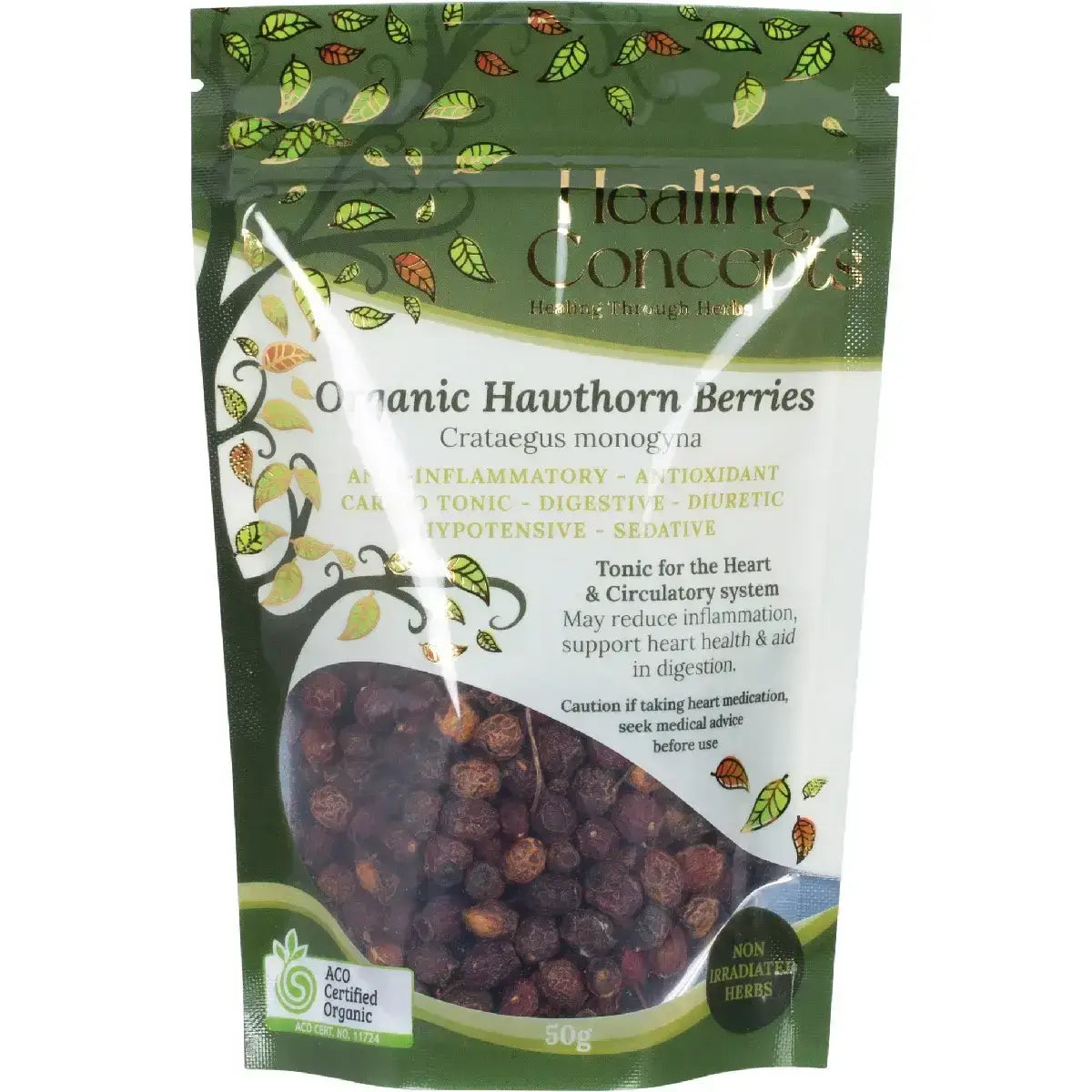 Healing Concepts Organic Hawthorn Berries 50g pack. Supports heart health, digestion, and cardiovascular system.