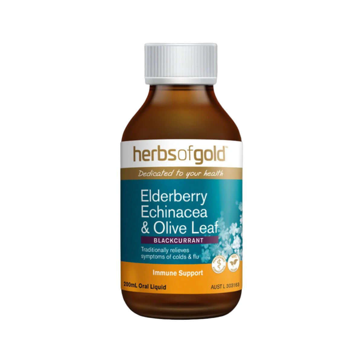 Herbs of Gold Elderberry Echinacea & Olive Leaf (Blackcurrant) Oral Liquid 200ml - Alkaline World