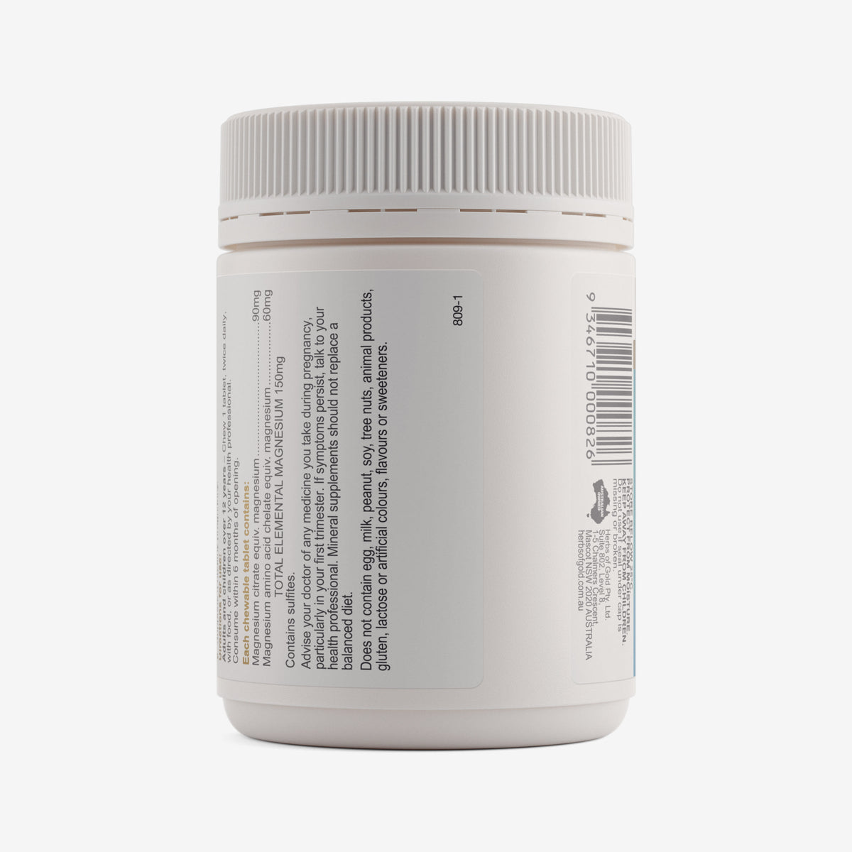 Herbs of Gold Magnesium Chewable tablets in a white bottle, showing the label and 60 chewable magnesium supplement tablets.