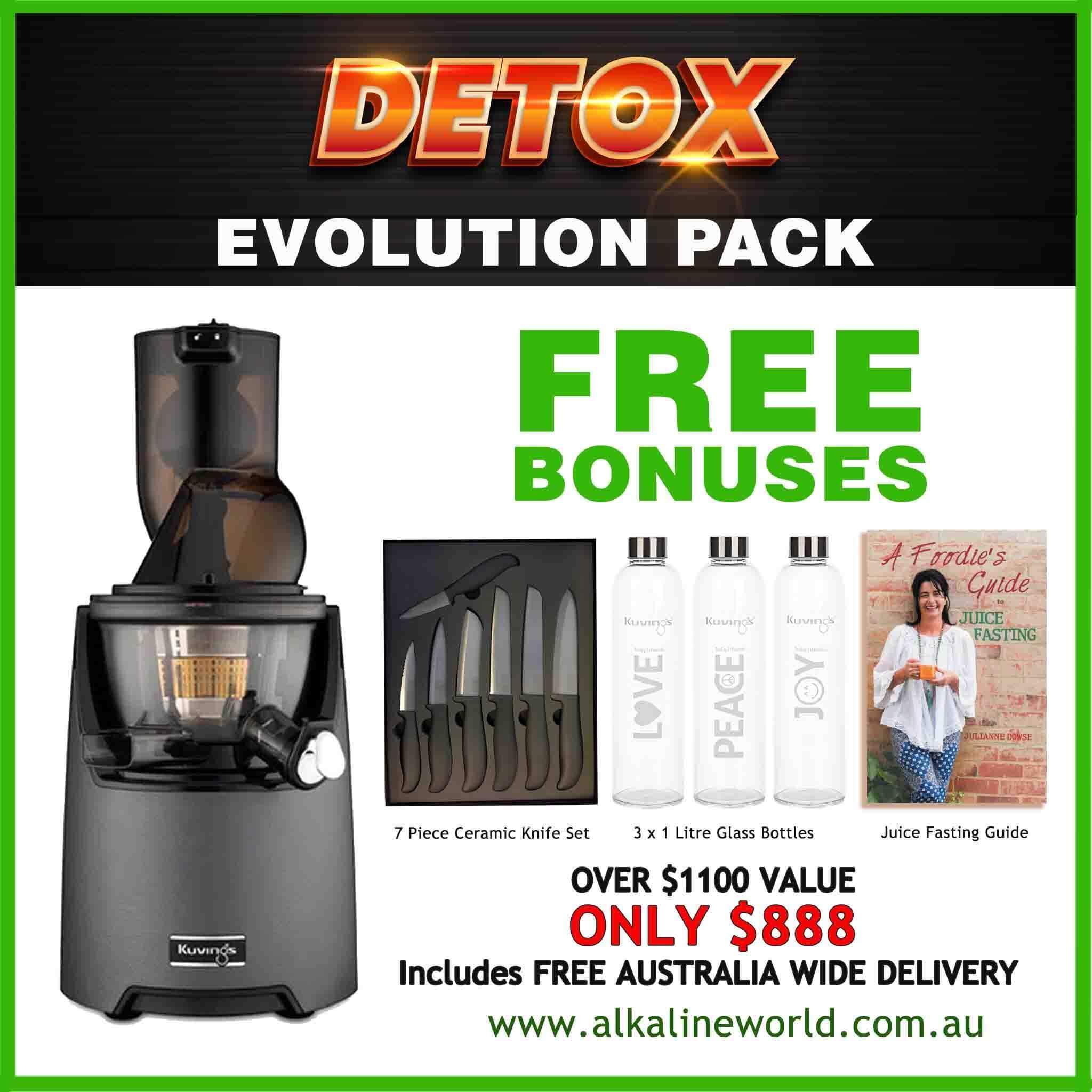 Kuvings Detox EVOlution Pack Gold juicers featuring a sleek gold finish and modern design for healthy juice making.