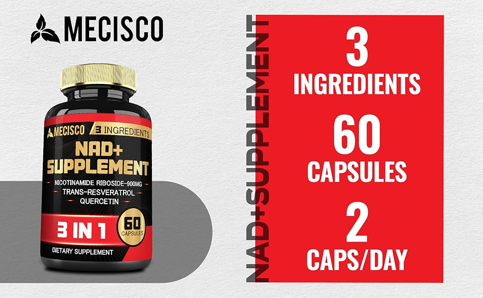 Mecisco 3in1 NAD+ supplement bottle with label showing Nicotinamide Riboside, Trans Resveratrol, and Quercetin for health support