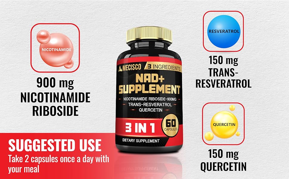 Mecisco 3-in-1 NAD+ supplement bottle showing label with 1200mg Nicotinamide Riboside, Trans Resveratrol, and Quercetin.