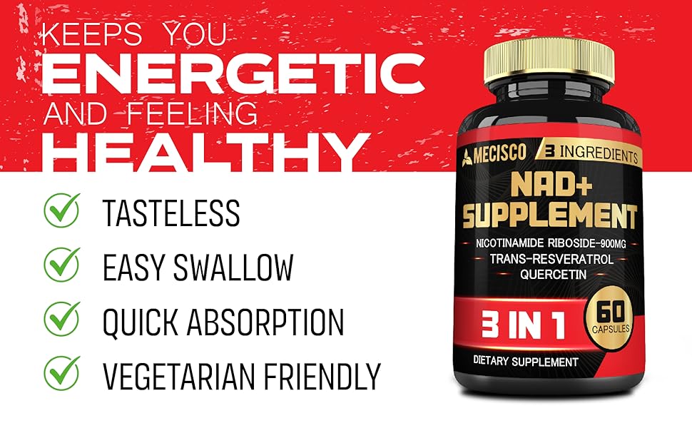 Mecisco 3-in-1 NAD+ supplement bottle with 1200mg nicotinamide riboside, trans resveratrol, and quercetin capsules.