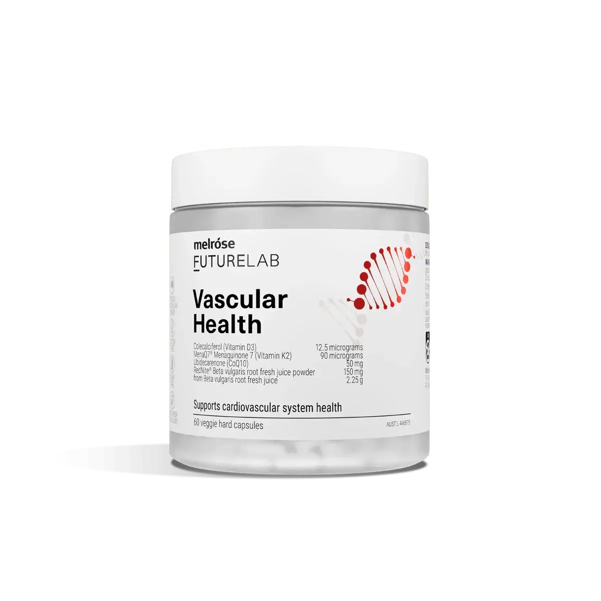 Melrose FutureLab Vascular Health supplement bottle with 60 caps, showcasing the product label and cap design.