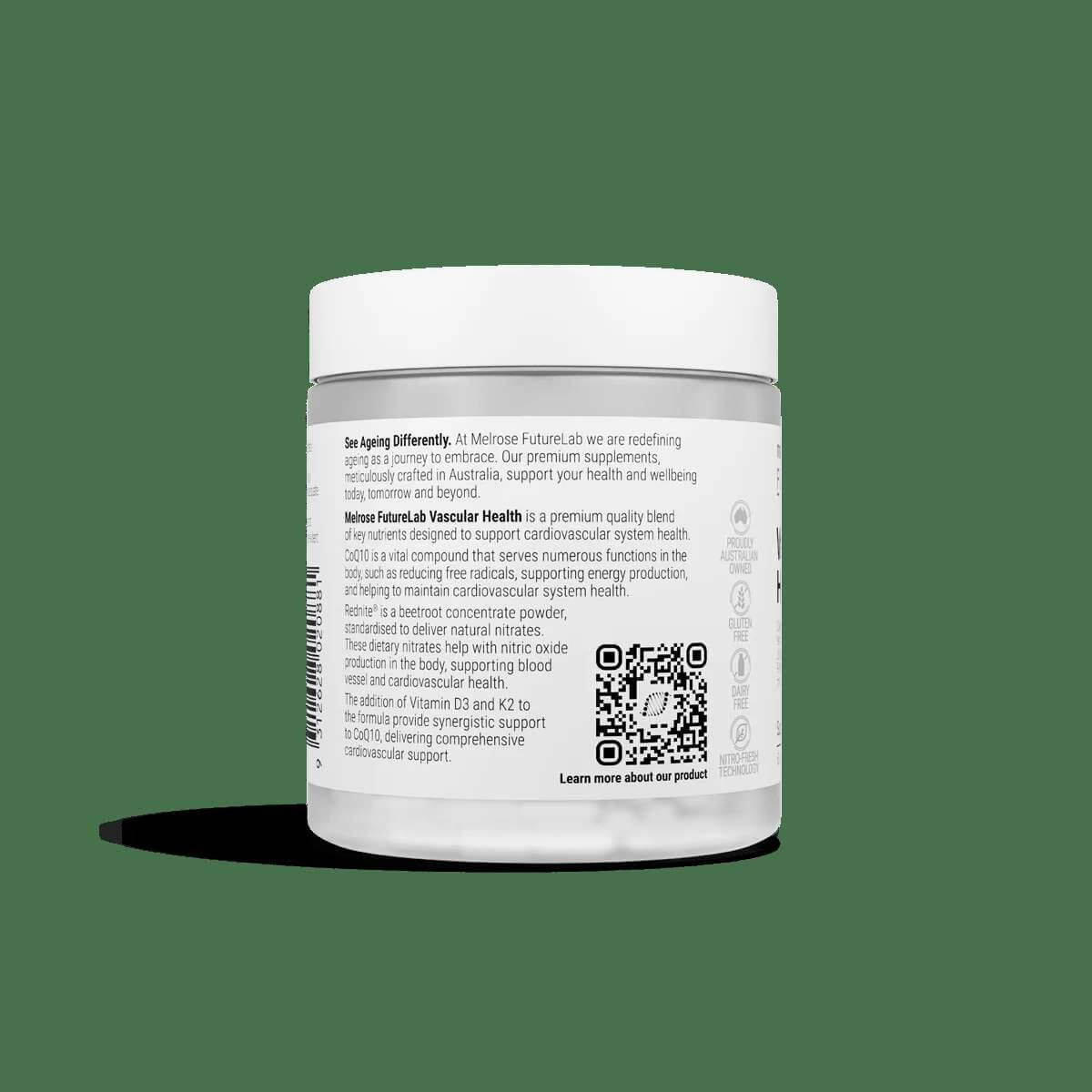 Melrose FutureLab Vascular Health supplement in a bottle of 60 capsules, designed to support vascular health and circulation.