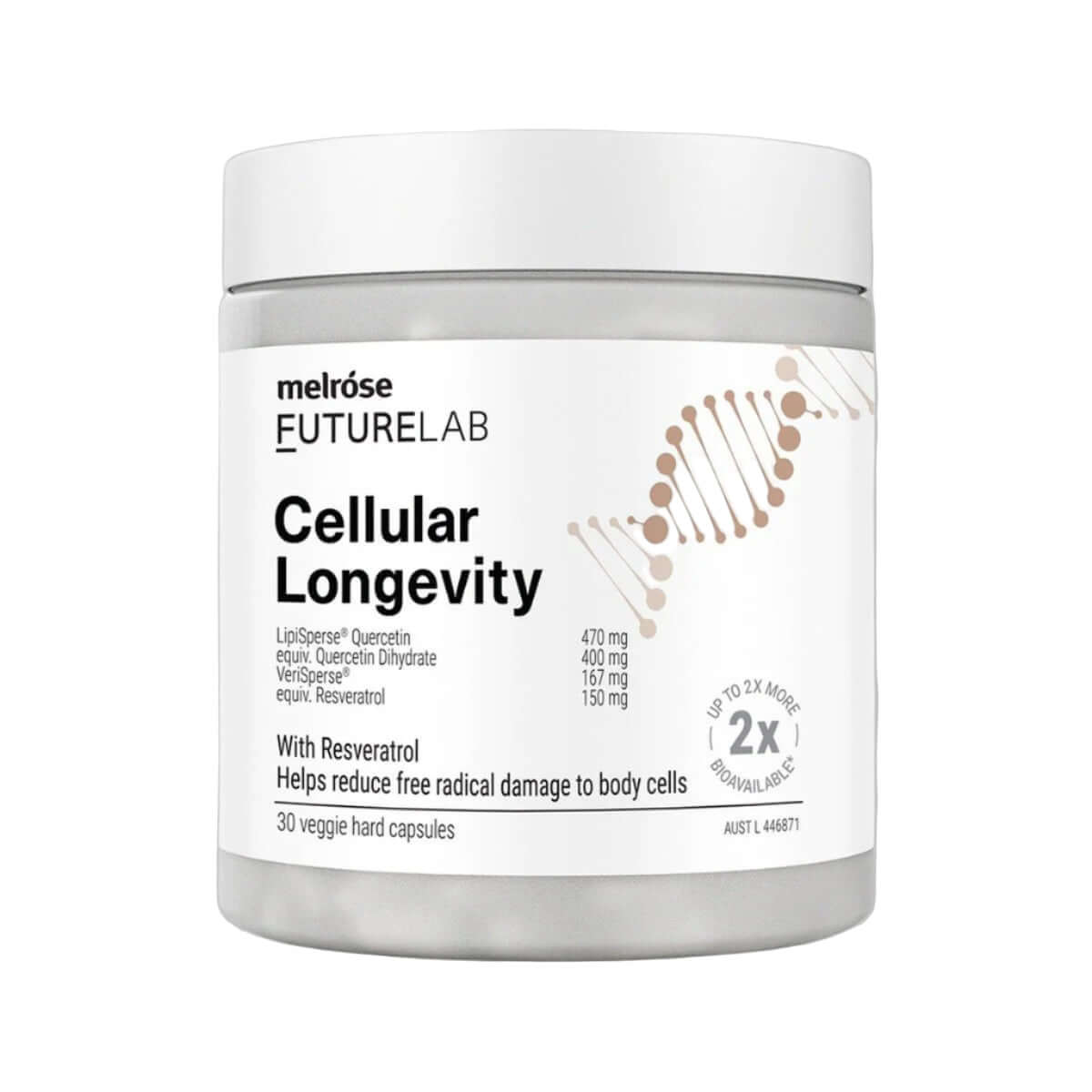 Melrose FutureLab Cellular Longevity vitamins and supplements bottle with 30 softgels, designed to support cellular health and longevity.