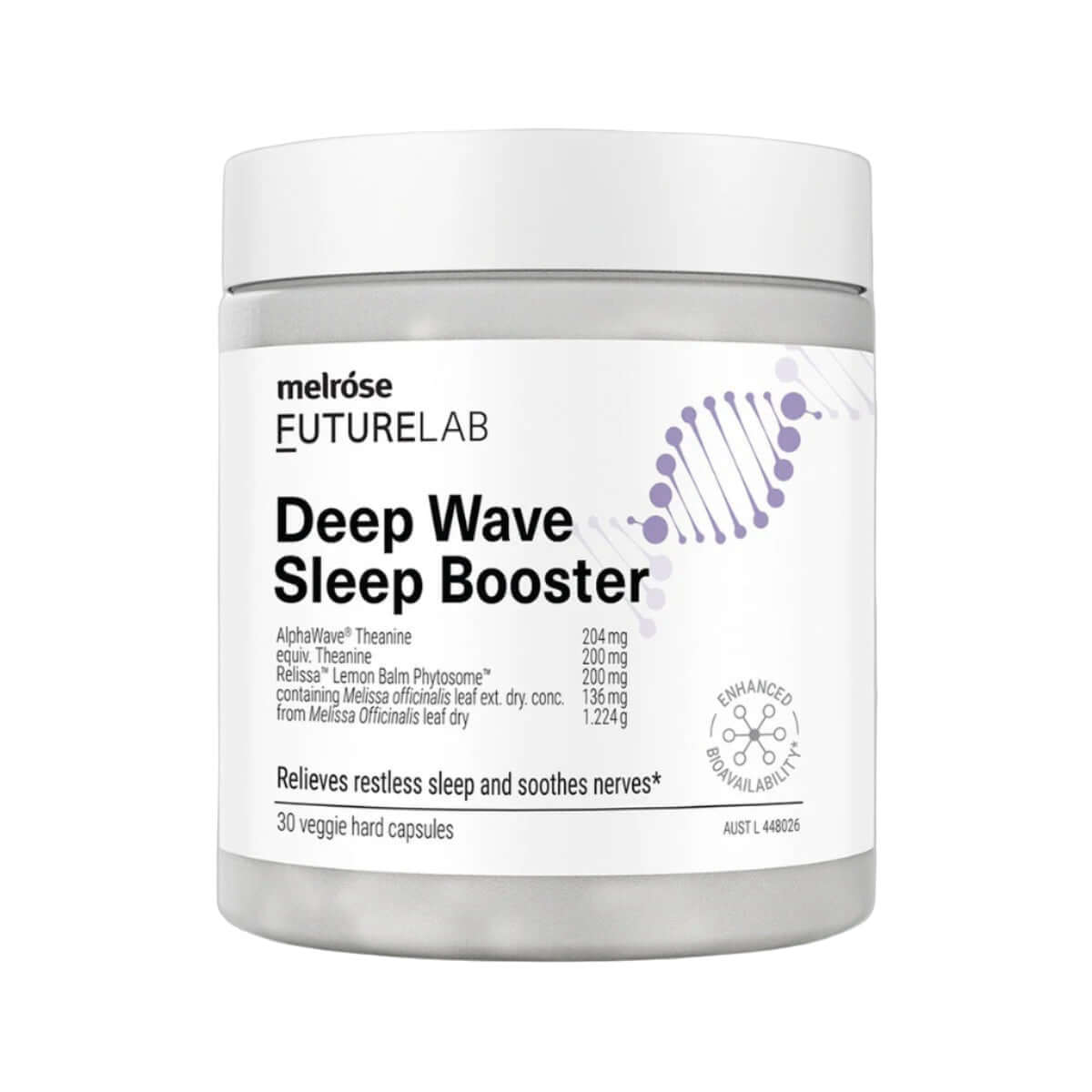 Melrose FutureLab Deep Wave Sleep Booster supplement bottle with 30 vegetarian capsules, designed to support restful sleep.
