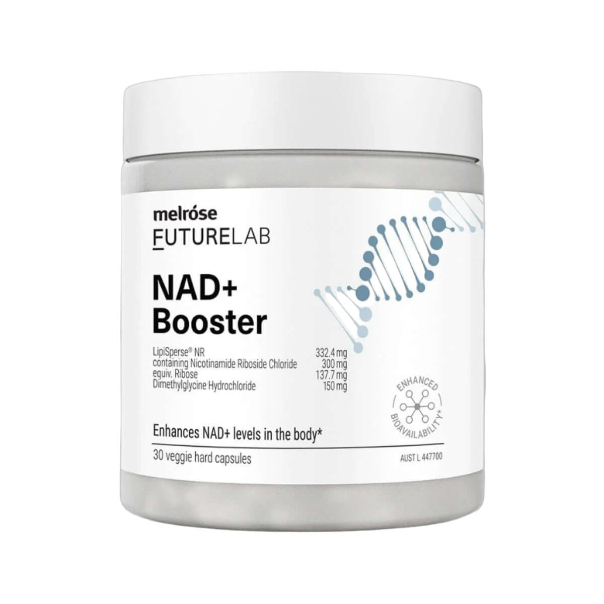 Melrose FutureLab NAD+ Booster bottles, dietary supplement vitamins and supplements for energy and aging support.