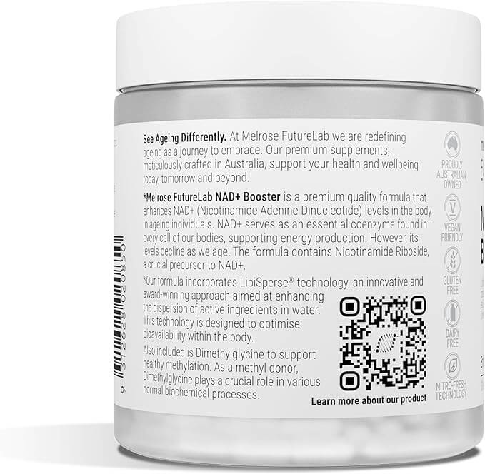 Melrose FutureLab NAD+ Booster 30-vial supplement, showing bottles of vitamins and supplements for energy and wellness.