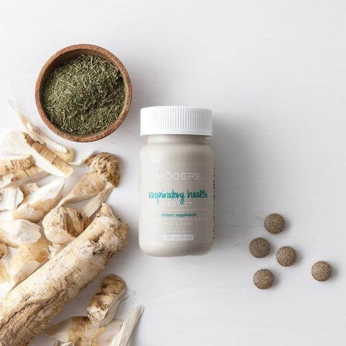 Box of Modere Respiratory Health dietary supplements with 60 capsules, featuring natural ingredients for respiratory support.