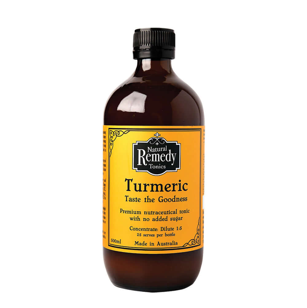 Natural Remedy Turmeric Concentrate 500ml bottle, vibrant yellow liquid, highlighting the herbal supplement's natural ingredients.