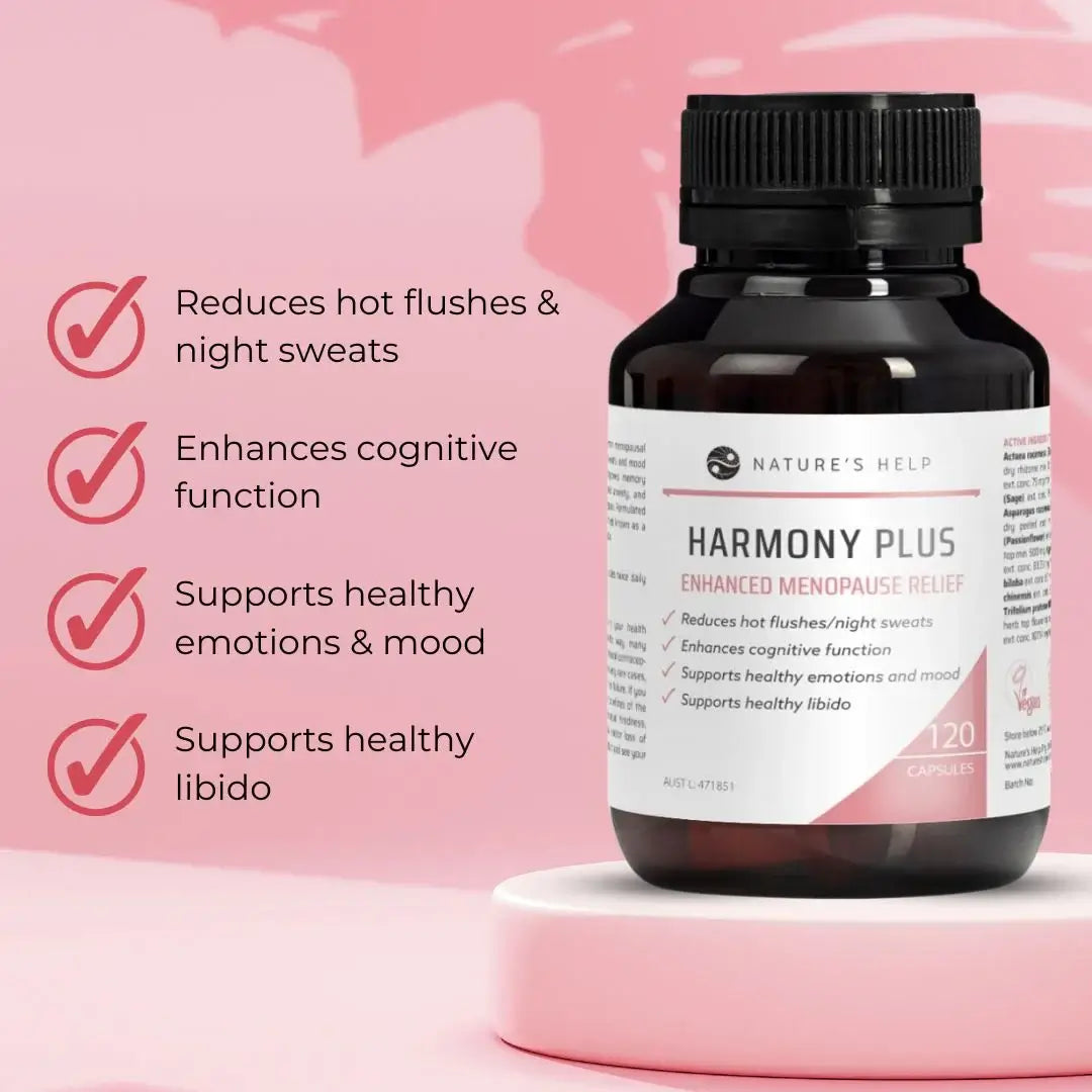Nature's Help Harmony Plus women’s hormone supplement for menopause relief, featuring herbal blend in a 120-capsule bottle.