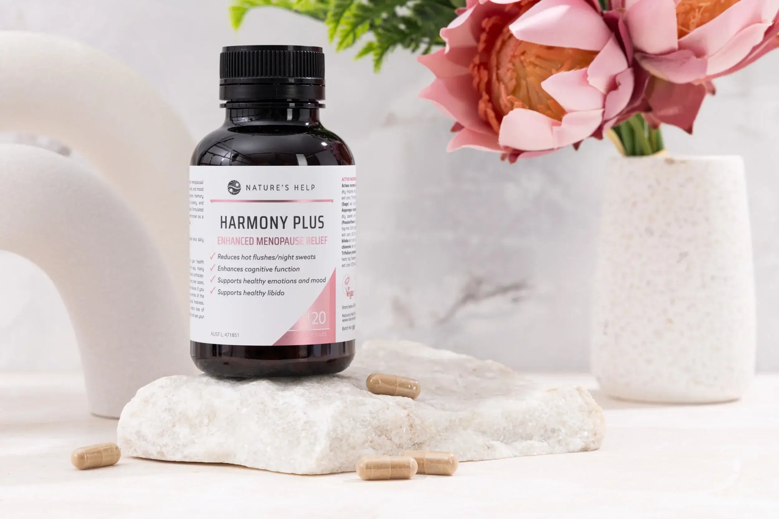 Nature's Help Harmony Plus enhanced menopause relief supplement for women, showing the product bottle and label.