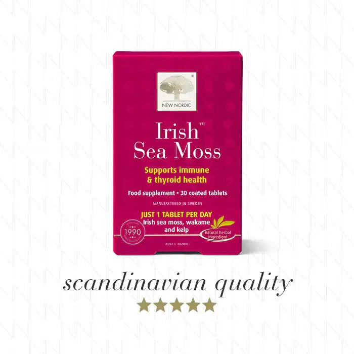 New Nordic Irish Sea Moss supplement in 30t package, showing dried sea moss strands and natural texture.