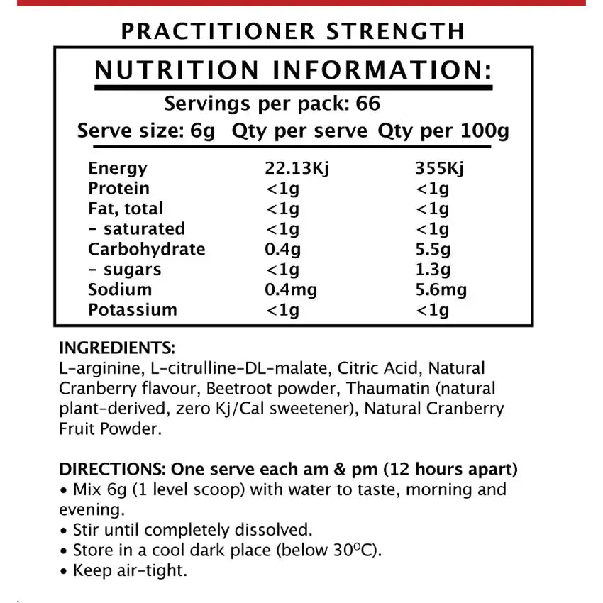 NIOX HEALTH Nitric Oxide Infusion Cranberry 400g container, natural supplement for nitric oxide support with cranberry flavor.