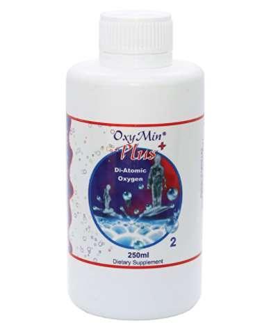 Oxy Min Di-Atomic Oxygen 250ml bottle, clear container with label and cap, used for oxygen therapy or industrial purposes.