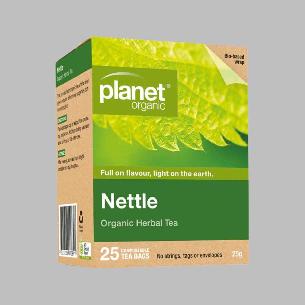 Planet Organic herbal tea bags featuring organic nettle, 25 tea bags in a natural herbal infusion product.