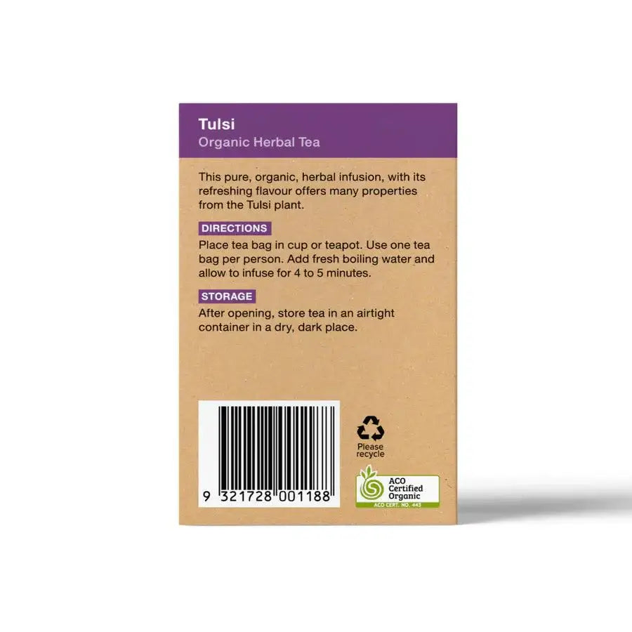 Planet Organic Tulsi herbal tea bags, natural organic Tulsi tea in a box of 25 for a soothing herbal tea experience.