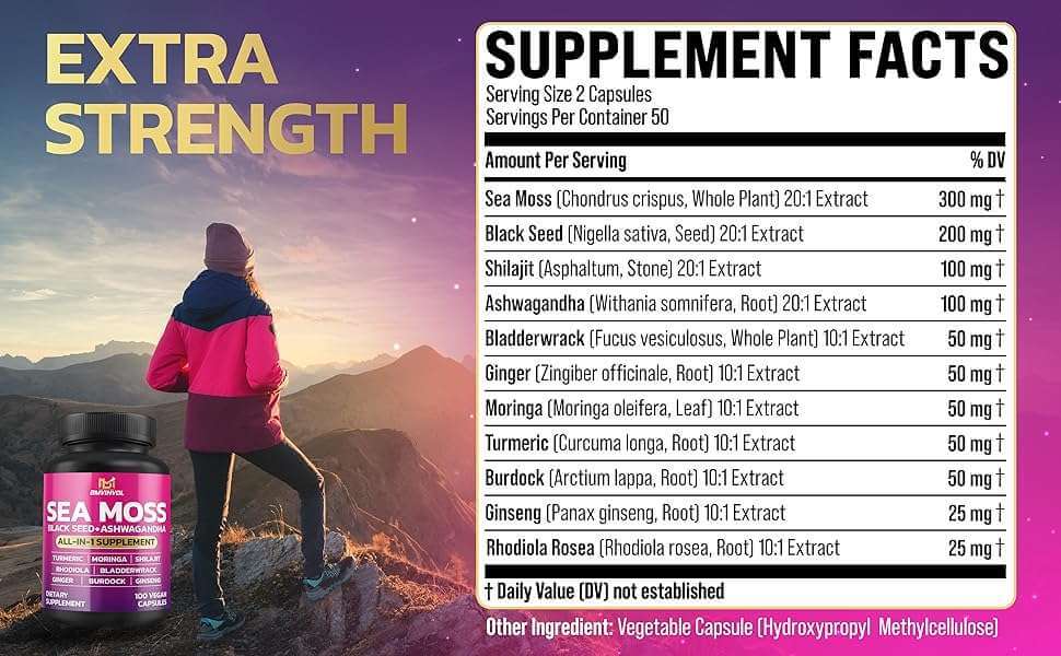 Sea Moss 6000mg Black Seed 4000mg Shilajit 2000mg Ashwagandha 2000mg - 100 Capsules - Alkaline World